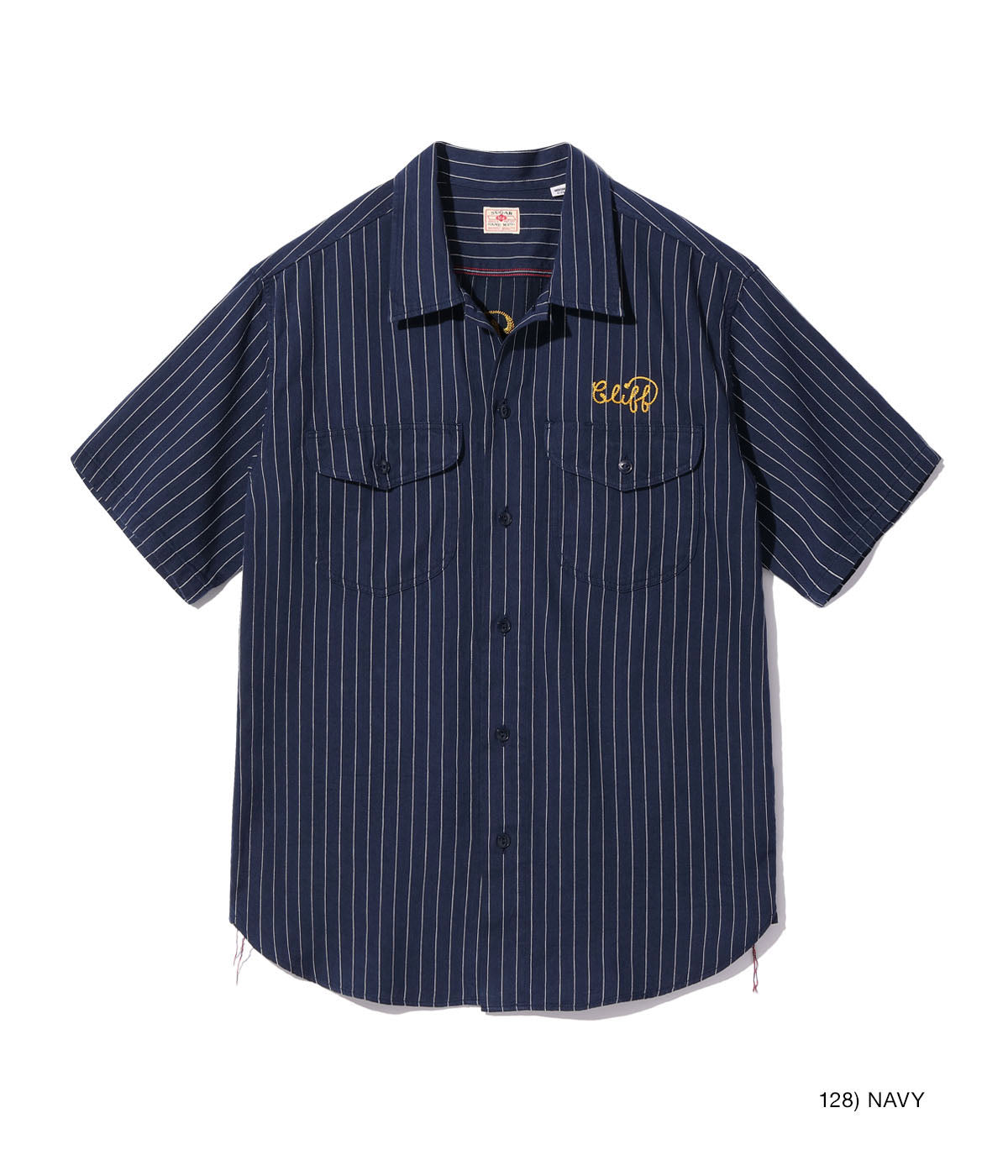 SUGAR CANE Cork Stripe Work Shirt, Embroidered, Short Sleeve, SC39305, Navy