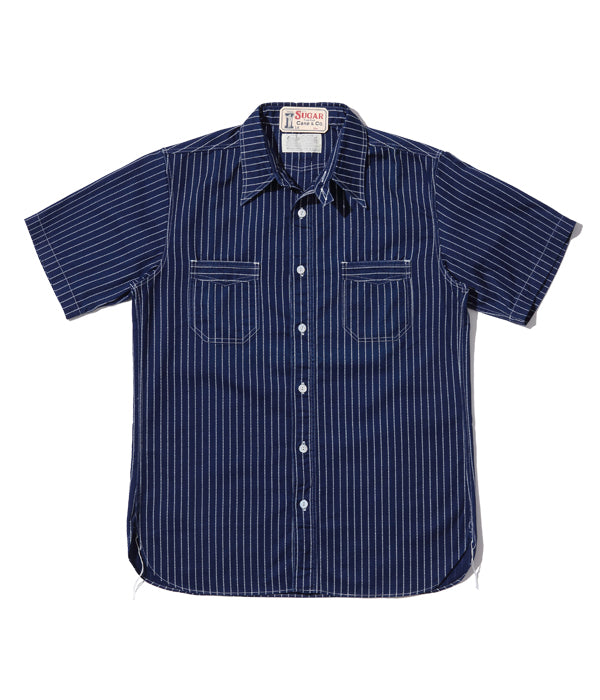 SUGAR CANE 8.5oz Indigo Wabash Stripe Short Sleeve Work Shirt FICTION ROMANCE SC36267 [New for Spring/Summer 2024]