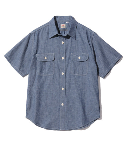 SUGAR CANE Blue Chambray Work Shirt, Plain, Short Sleeve Shirt, SC37941