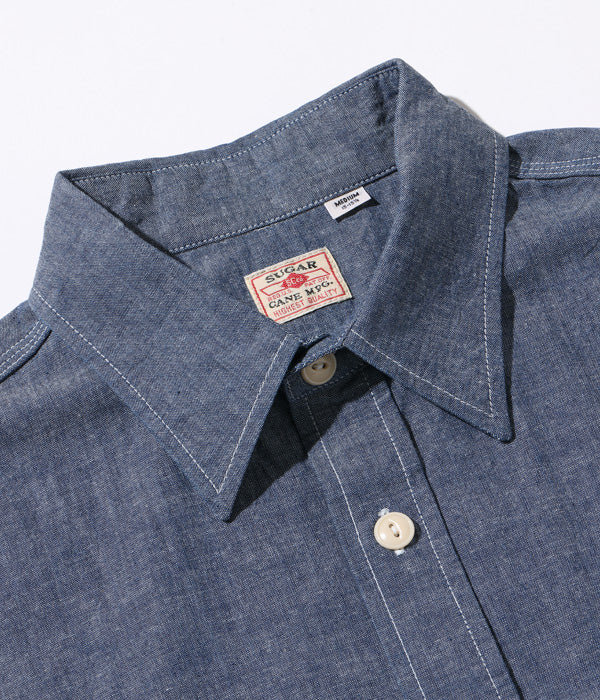 SUGAR CANE Blue Chambray Work Shirt, Plain, Short Sleeve Shirt, SC37941