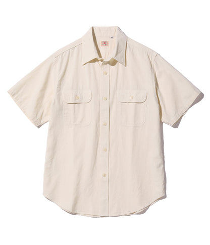 SUGAR CANE White Chambray Shirt, Short Sleeve Work Shirt SC37942