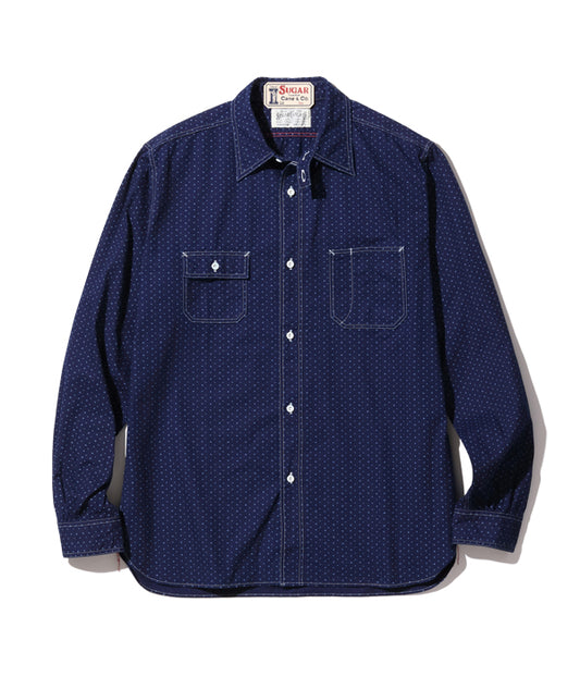 SUGAR CANE Fiction Romance 4.5oz. Indigo "Casino Stripe" Work Shirt with Chin Strap SC28651