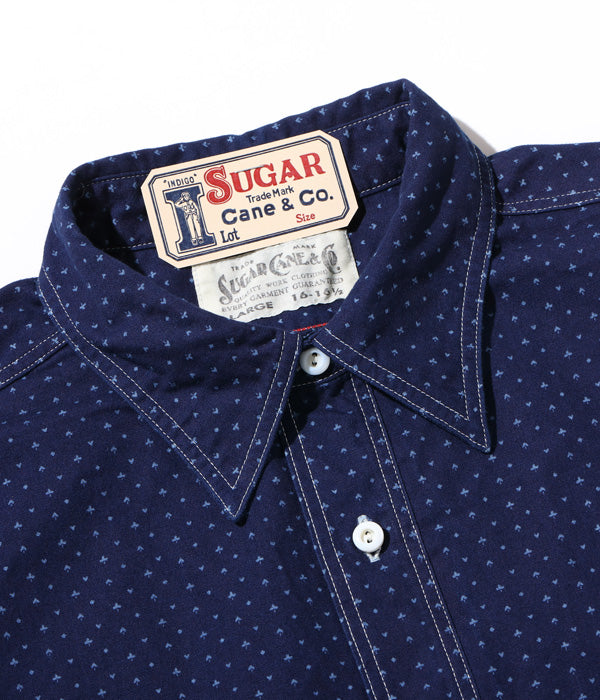 SUGAR CANE Fiction Romance 4.5oz. Indigo "Casino Stripe" Work Shirt with Chin Strap SC28651