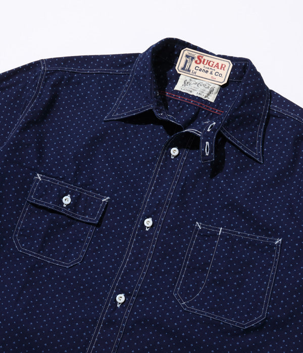 SUGAR CANE Fiction Romance 4.5oz. Indigo "Casino Stripe" Work Shirt with Chin Strap SC28651